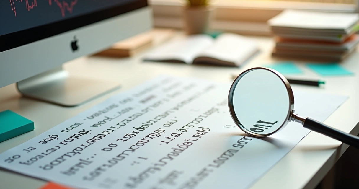 Lupa apontando para palavra-chave longa em lista rodeada por livros e gráficos 