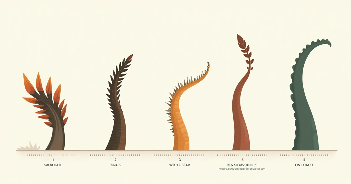 Várias caudas diferentes de dinossauros alinhadas para comparação 
