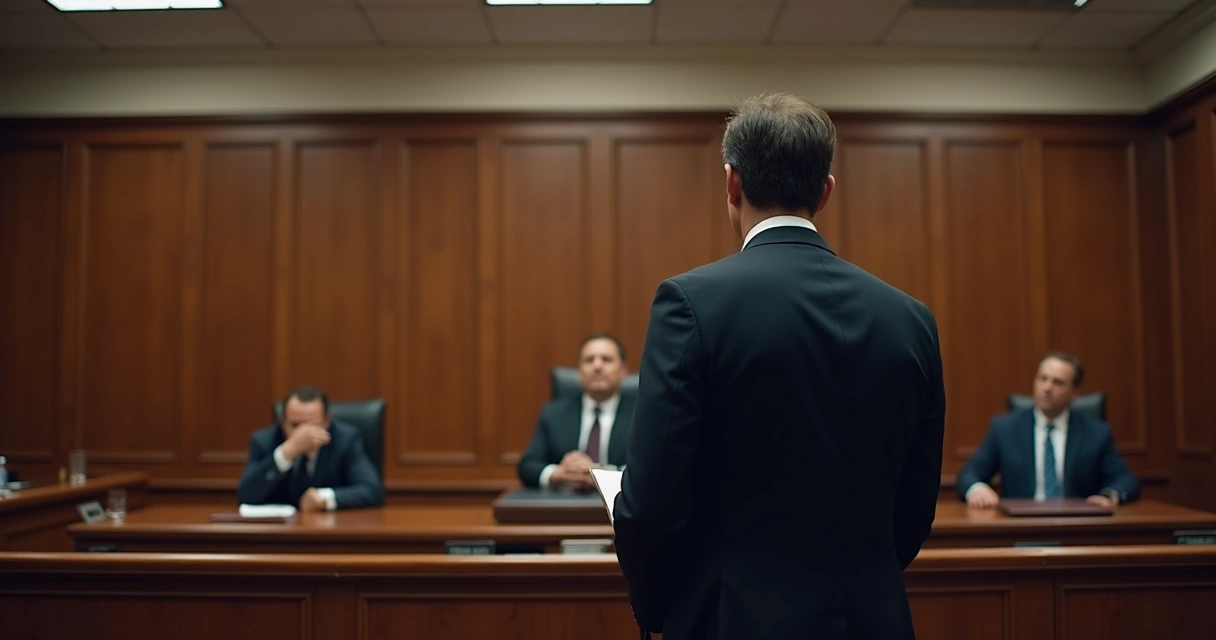 Advogado de defesa pública argumentando em tribunal 