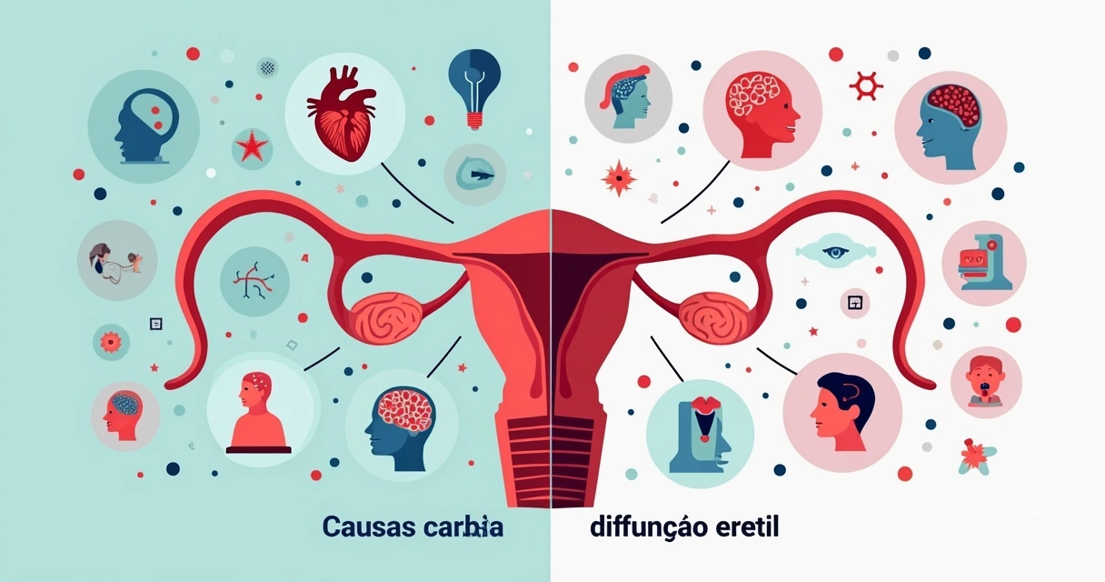 Ilustração colorida sobre causas da disfunção erétil, mostrando fatores físicos e psicológicos com ícones e texto explicativo.
