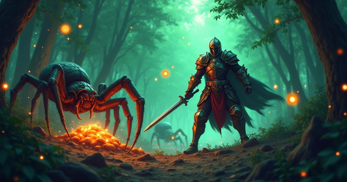 Cavaleiro caçando giant spiders em floresta com bônus de prey ativo 