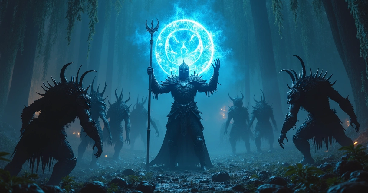 Cavaleiro usando runa mágica em batalha contra monstros 