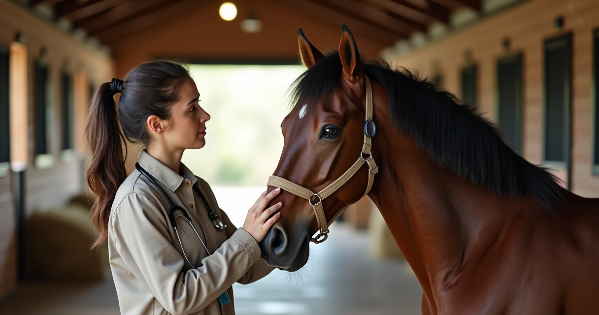 Veterinária examinando focinho e pele de cavalo em cocheira limpa 