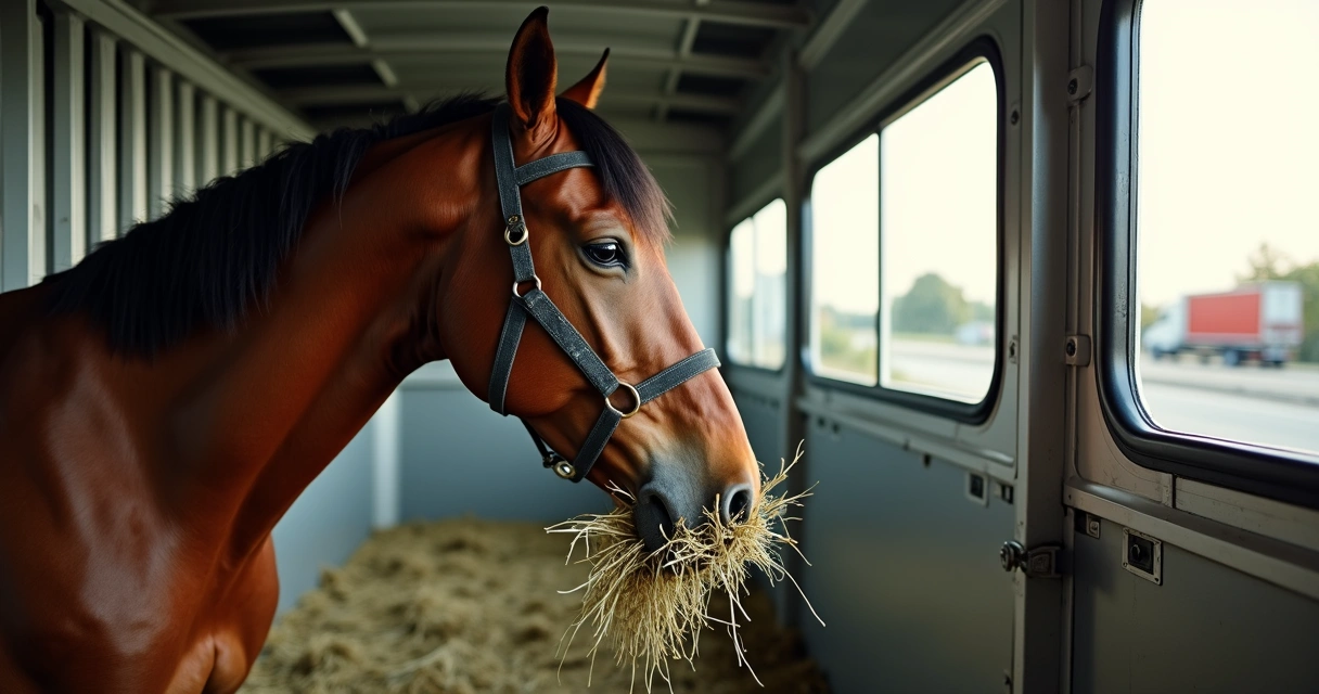Cavalo com cabeçada comendo feno em parada durante viagem longa de caminhão 
