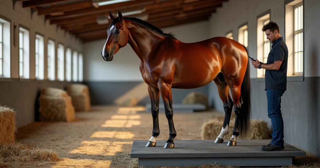 Cavalo sendo pesado em balança de haras