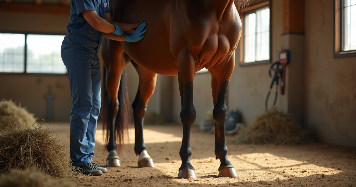 Cavalo em estábulo com patas sendo examinadas para laminite, ambiente limpo e organizado do haras 