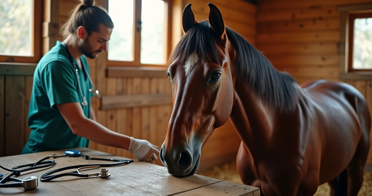 Cavalo em baias com sinais evidentes de cólica, deitado parcialmente com expressão desconfortável 