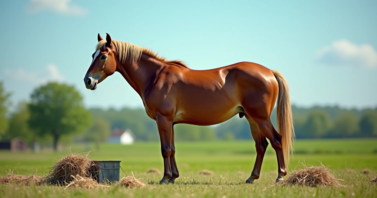 Cavalo magro com pelo áspero em pasto com céu azul 