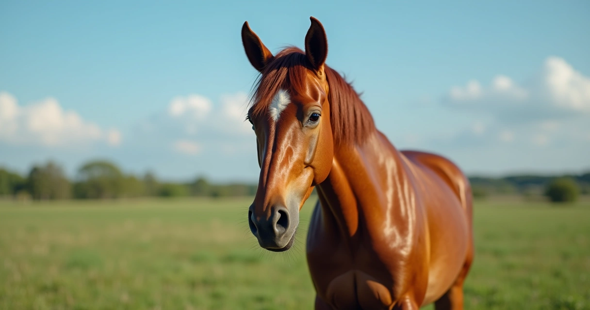 Cavalo em pasto com postura inquieta e orelhas para trás mostrando sinais de estresse 