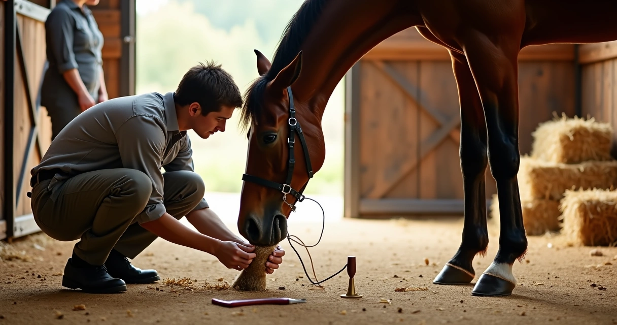 Veterinário examinando casco de cavalo com suspeita de abscesso 