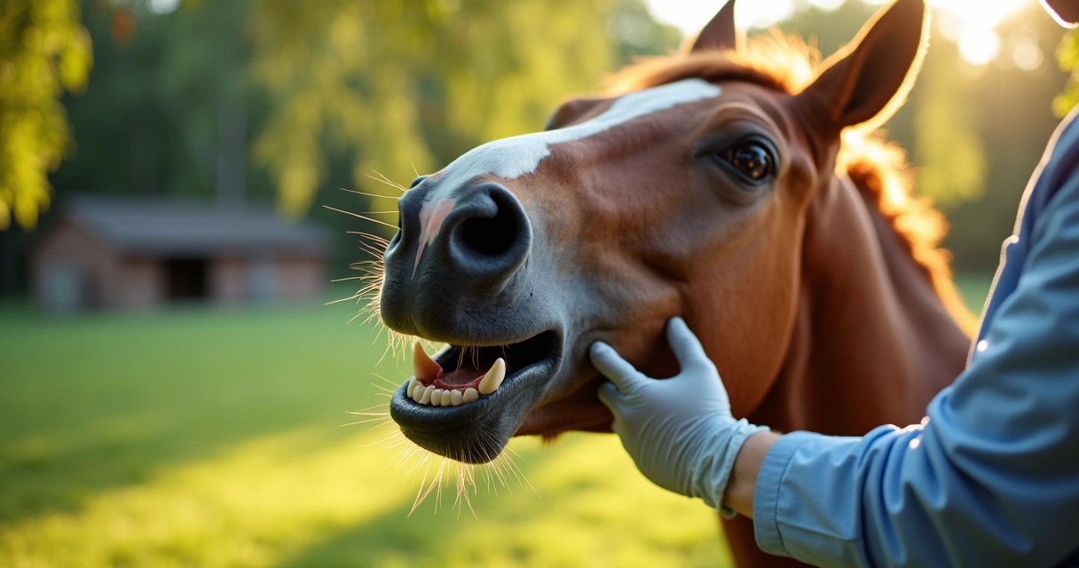 Close-up de cavalo com boca aberta, mostrando exame dentário feito em haras ao ar livre 