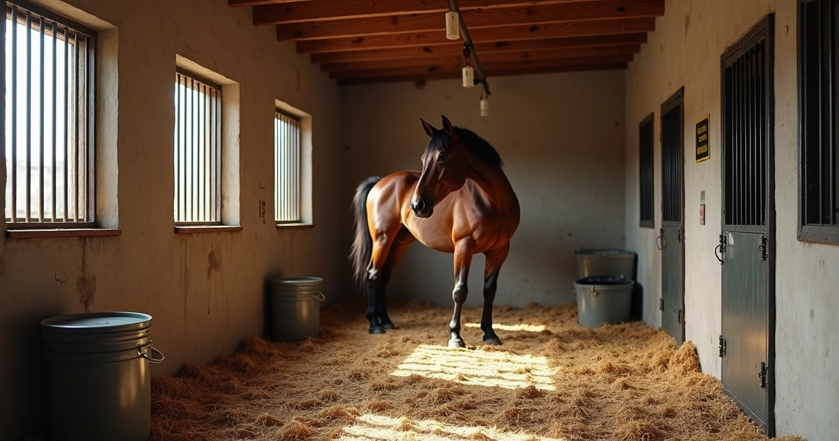 Cavalo isolado em baia de alvenaria com feno