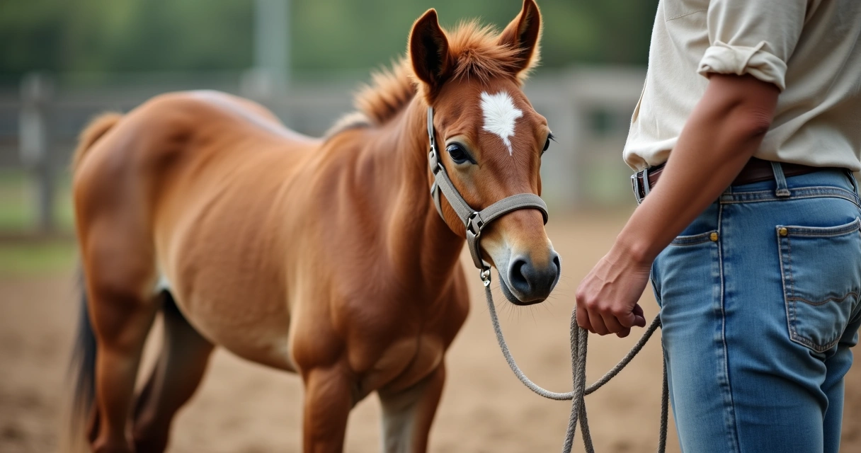Cavalo jovem com cabresto sendo conduzido por pessoa atenta 