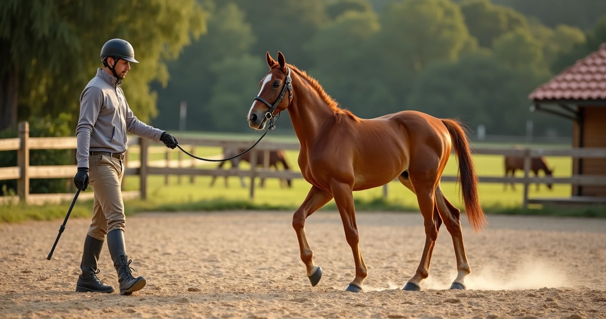 Treinador conduz cavalo jovem em círculo com cabresto em piquete de areia 