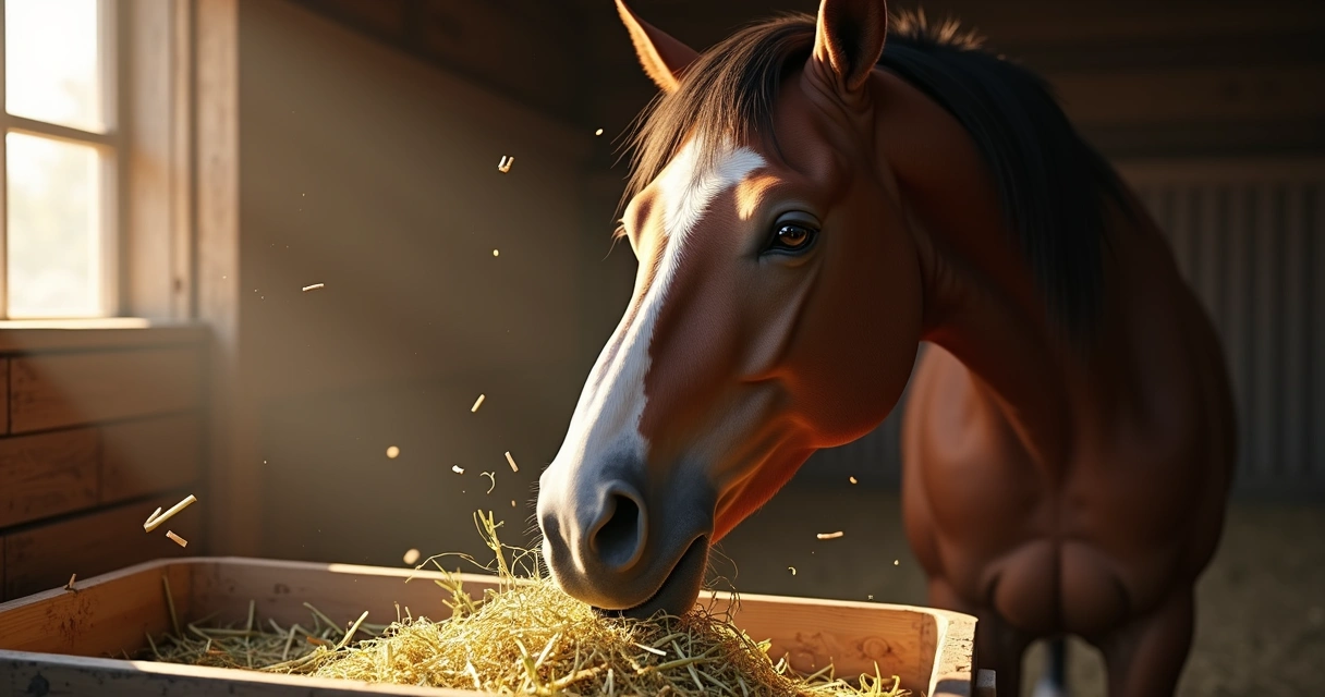 Cavalo mastigando feno com dificuldade 