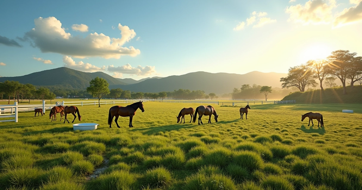 Cavalo em pasto dividido por áreas para diferentes fases de vida 