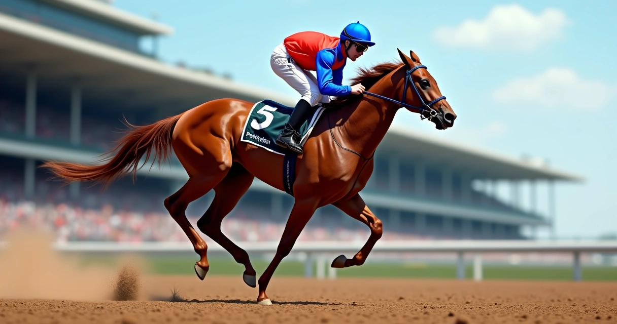 Cavalo puro-sangue inglês trotando em pista de corrida com jockey vestido com cores vibrantes 