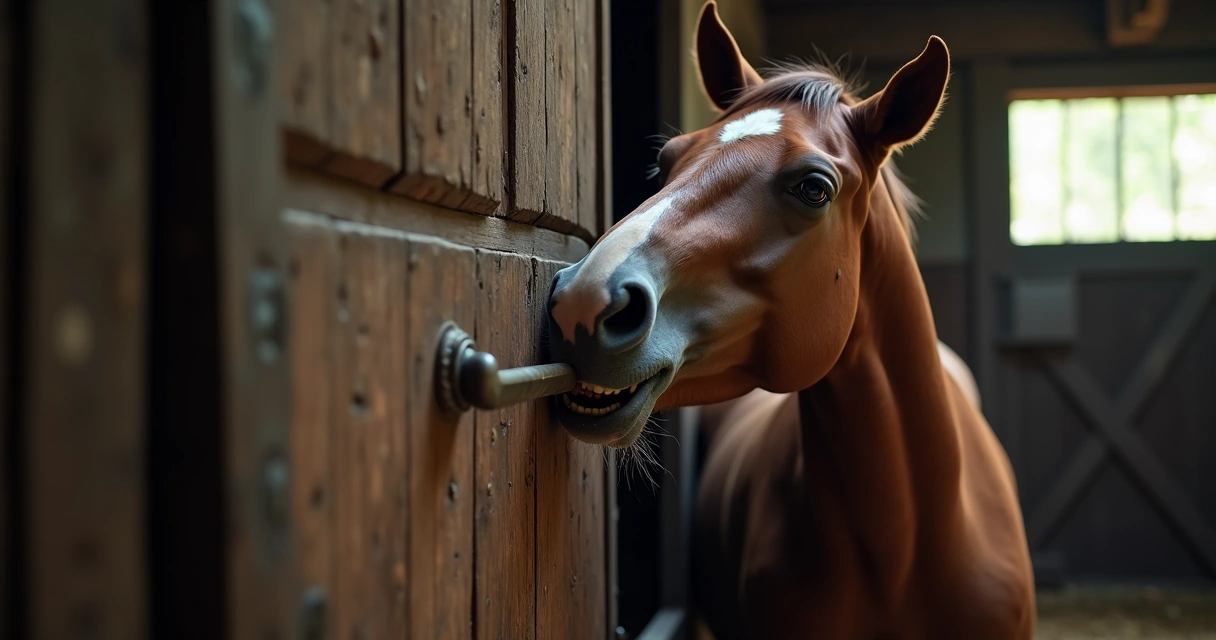Cavalo preso em baia roendo a madeira da porta 