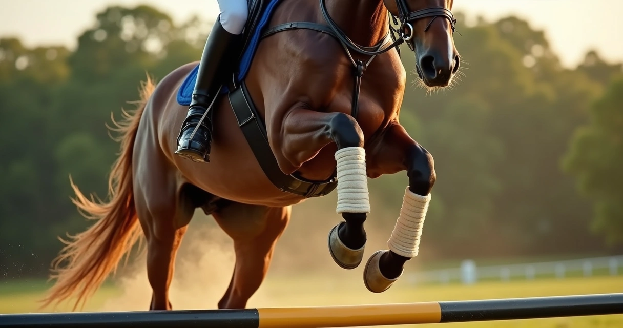 Cavalo em salto com a pata dianteira protegida por ligadura 