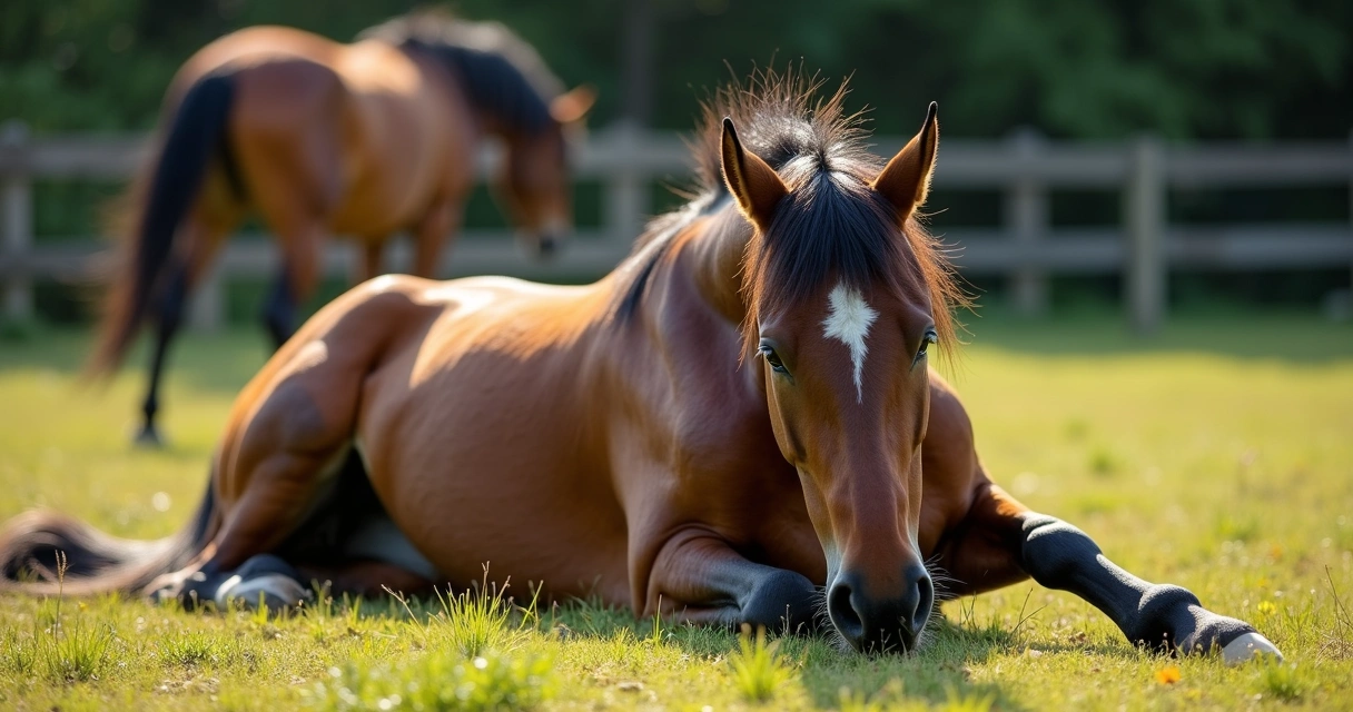 Cavalo deitado mostrando sinais de cólica 