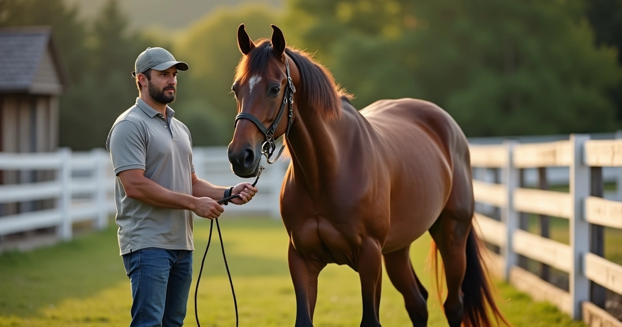 Treinador acalmando cavalo agitado em piquete de haras 