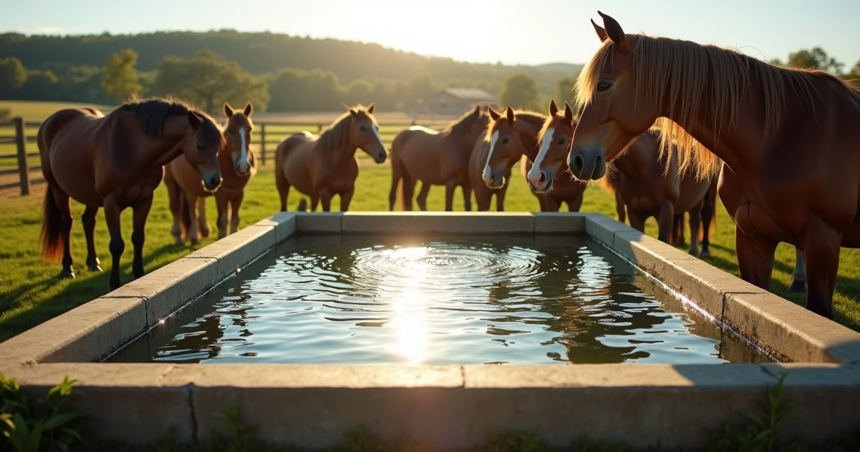 Cavalos bebendo água de bebedouro grande em haras