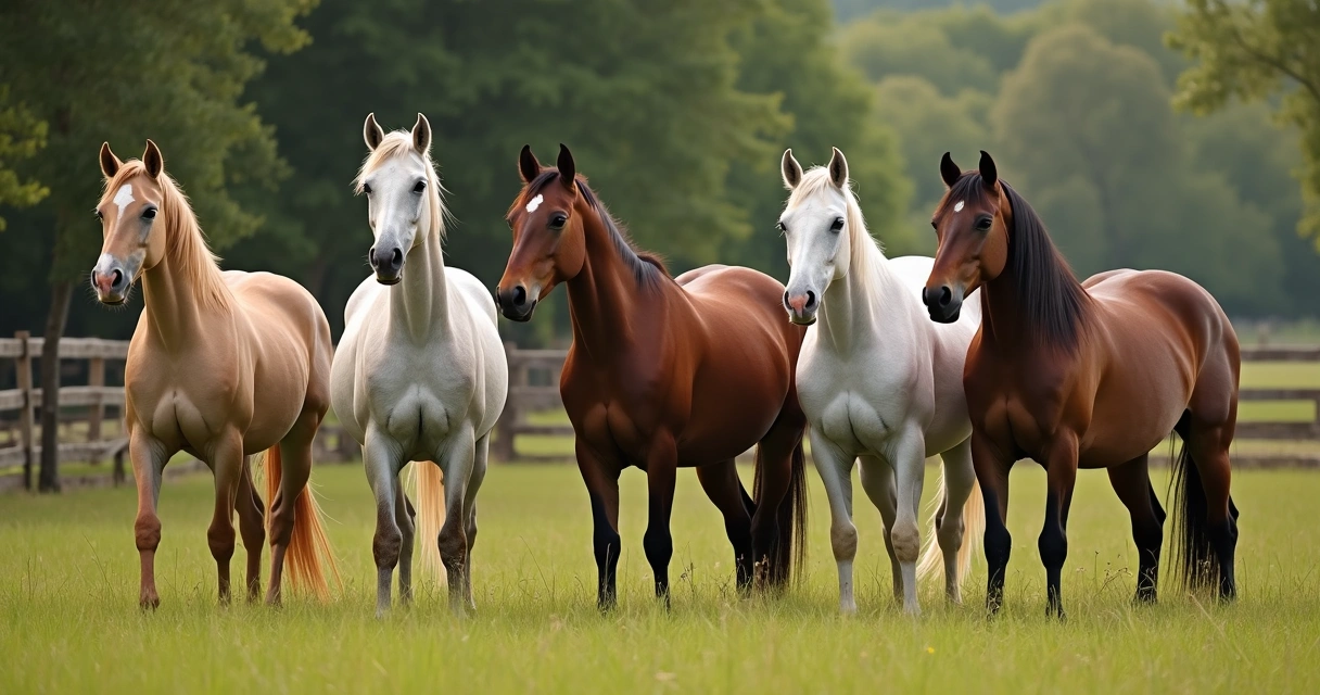 Cavalos de diferentes raças juntos em pasto com criador e família observando 