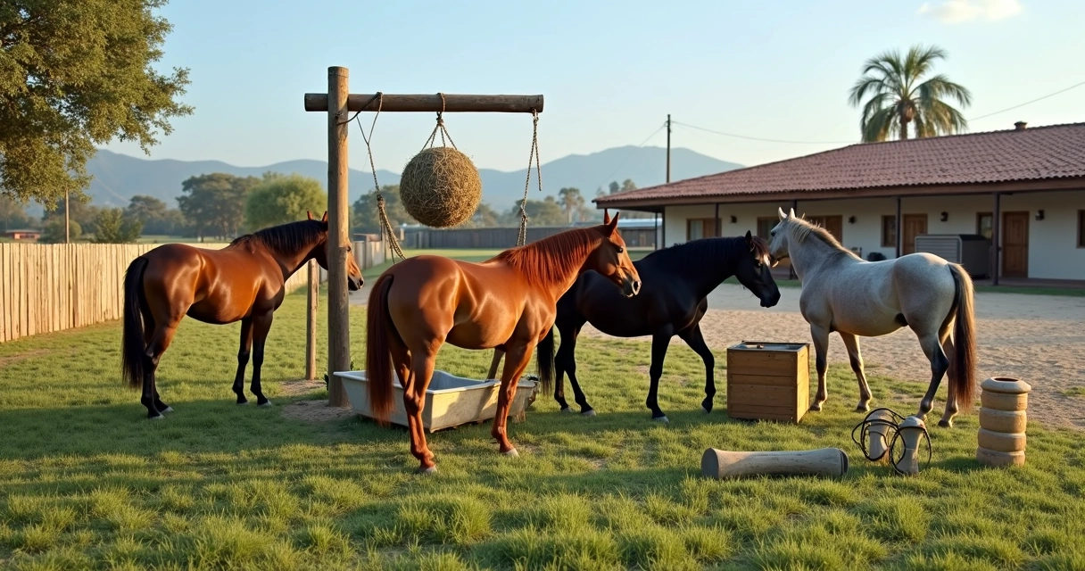 Cavalos em piquete com brinquedos e objetos de enriquecimento ambiental no haras 