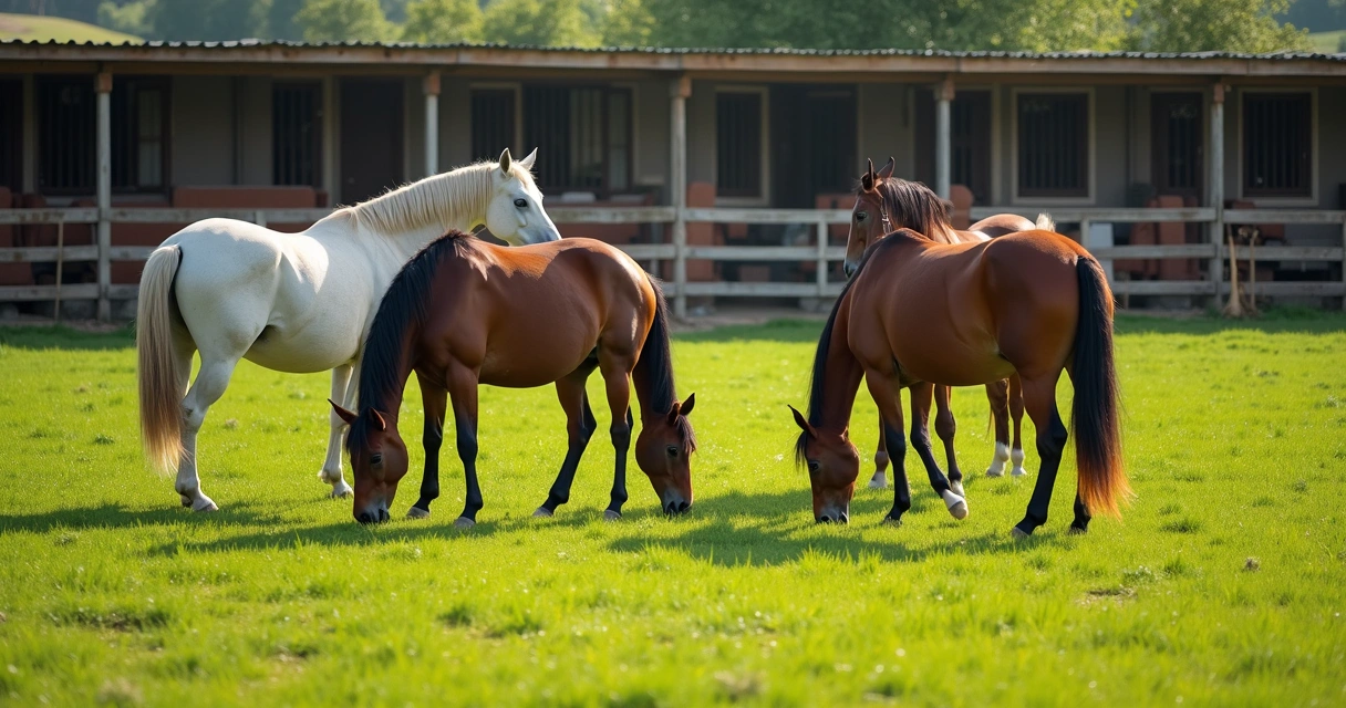 Cavalos pastando em haras com gramado limpo 