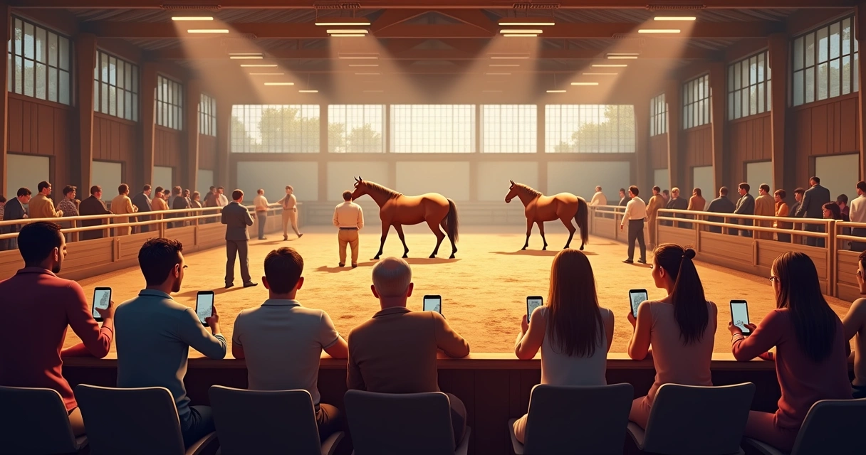 Cavalos em área de leilão virtual com pessoas observando atentos 