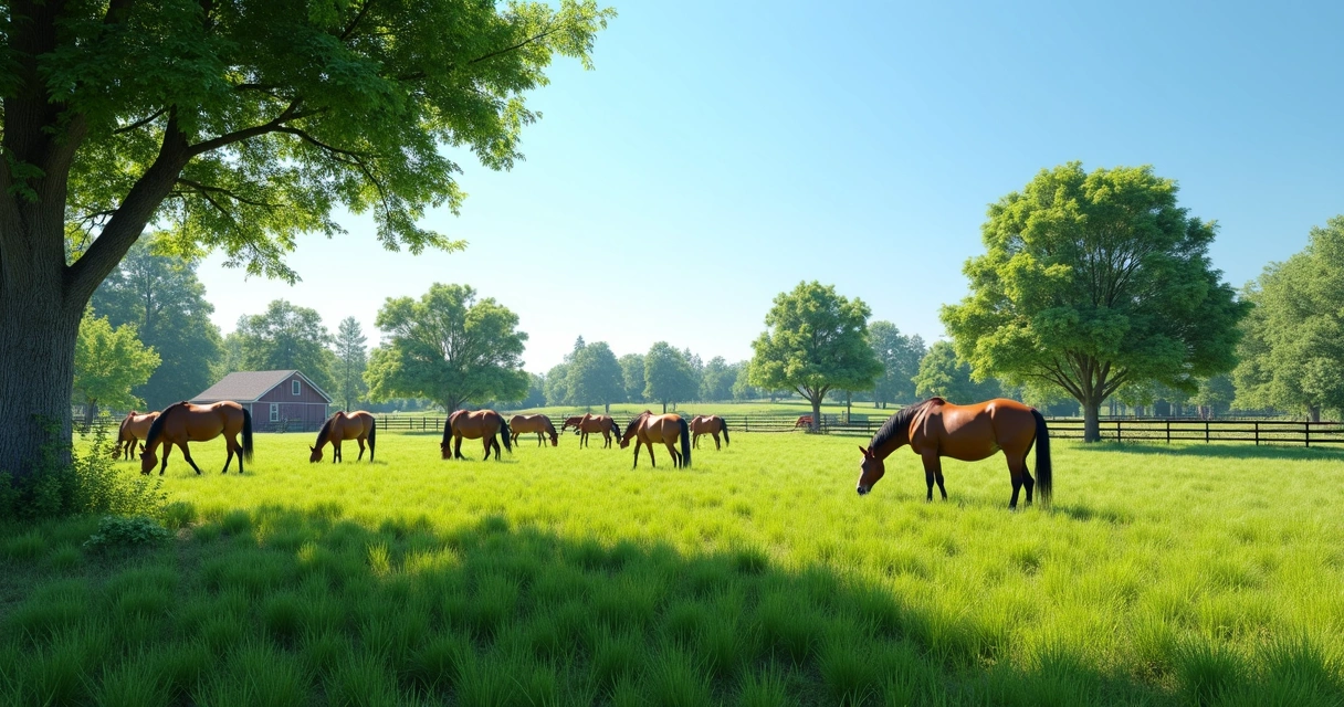 Cavalos em pasto verde dentro de haras 