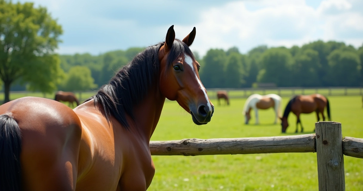 Cavalo separado por cerca observando outros cavalos em campo gramado