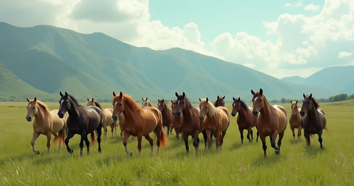 Cavalos de diferentes raças juntos no pasto 
