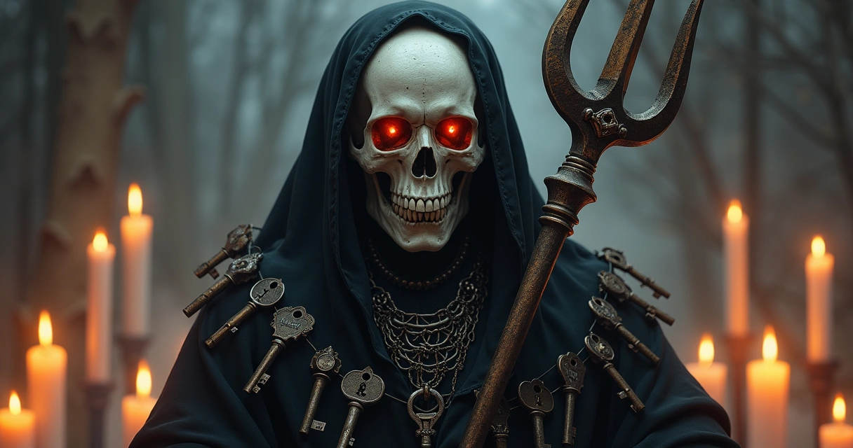 Caveira estilizada com chaves e capa preta, símbolos de Tata Caveira