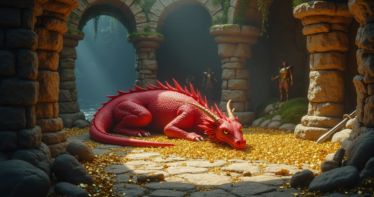 Dragão em caverna com loots dourados ao redor 
