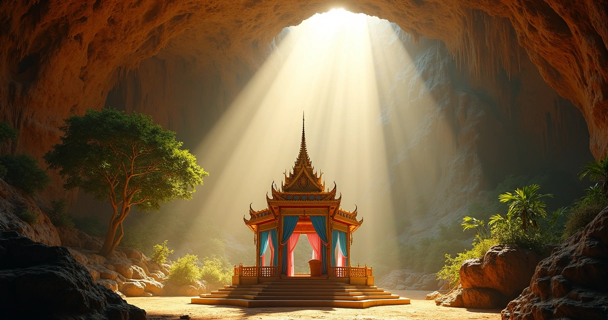 Templo Kukha Karuhas iluminado por feixe de luz dourada dentro da caverna Phraya Nakhon 