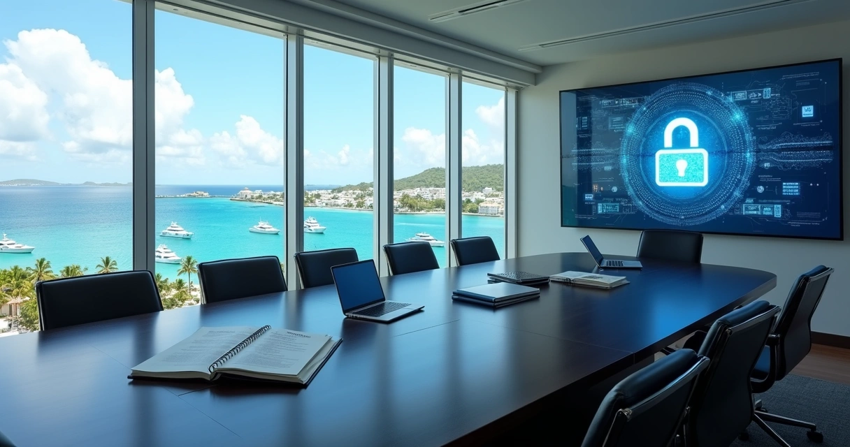 Executive boardroom with Cayman waterfront view and digital security overlay 