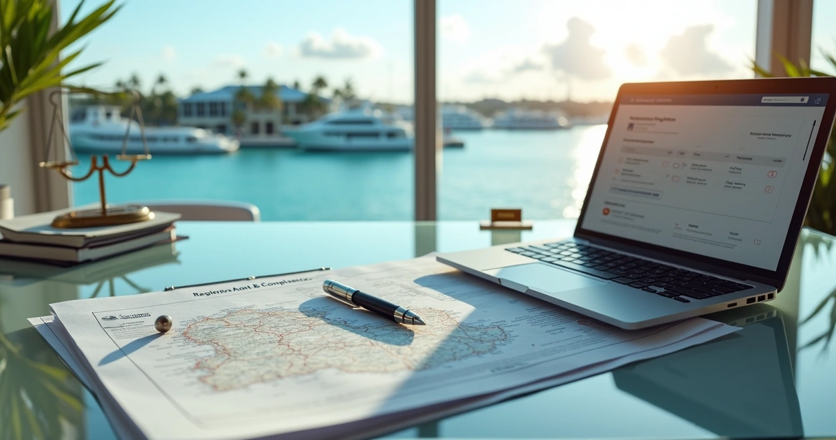 Corporate compliance documents and Cayman Islands map on a glass desk overlooking tropical harbor 