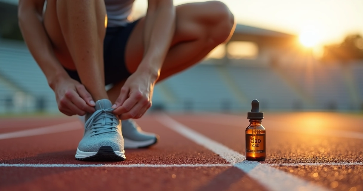 Atleta de corrida segurando frasco de CBD ao lado de pista esportiva 
