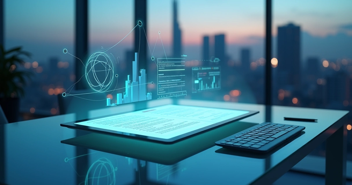 Contrato digital de CCB com gráficos de crédito surgindo sobre mesa digital 