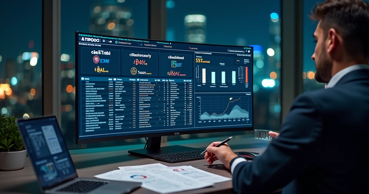 Profissional fiscal analisa códigos tributários digitais em tela com notas fiscais eletrônicas 