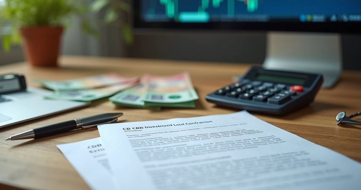 Mesa de madeira com contrato de CDB, calculadora e notas em destaque