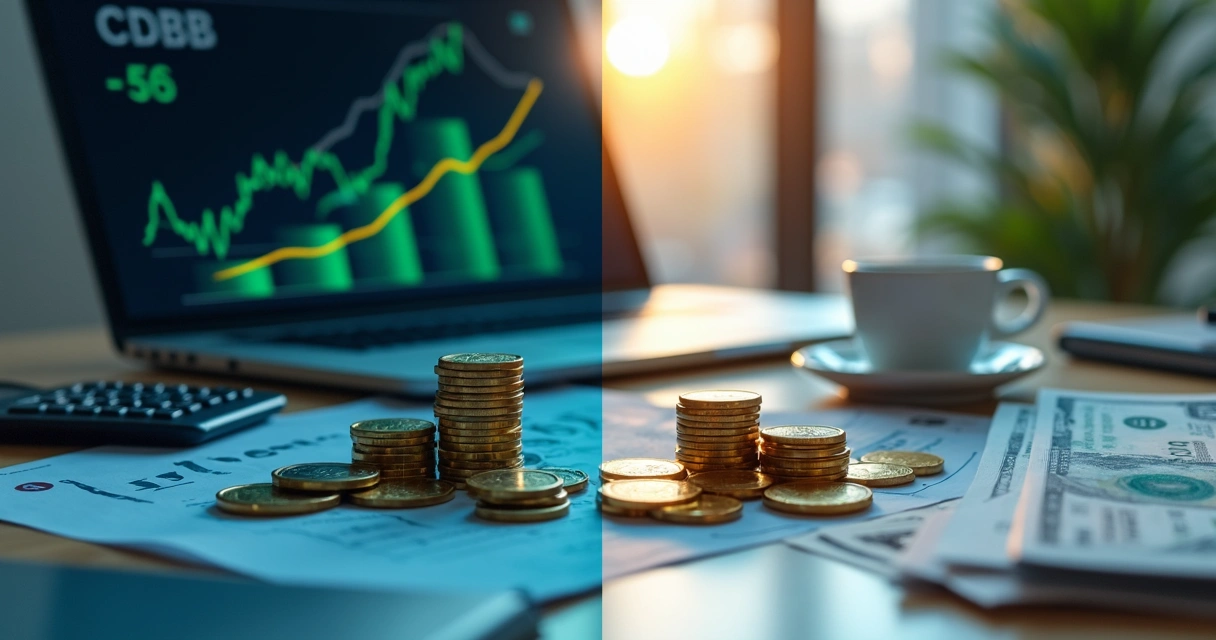 Representação realista de gráficos financeiros lado a lado com cédulas e moedas, simbolizando CDB e Tesouro Direto 
