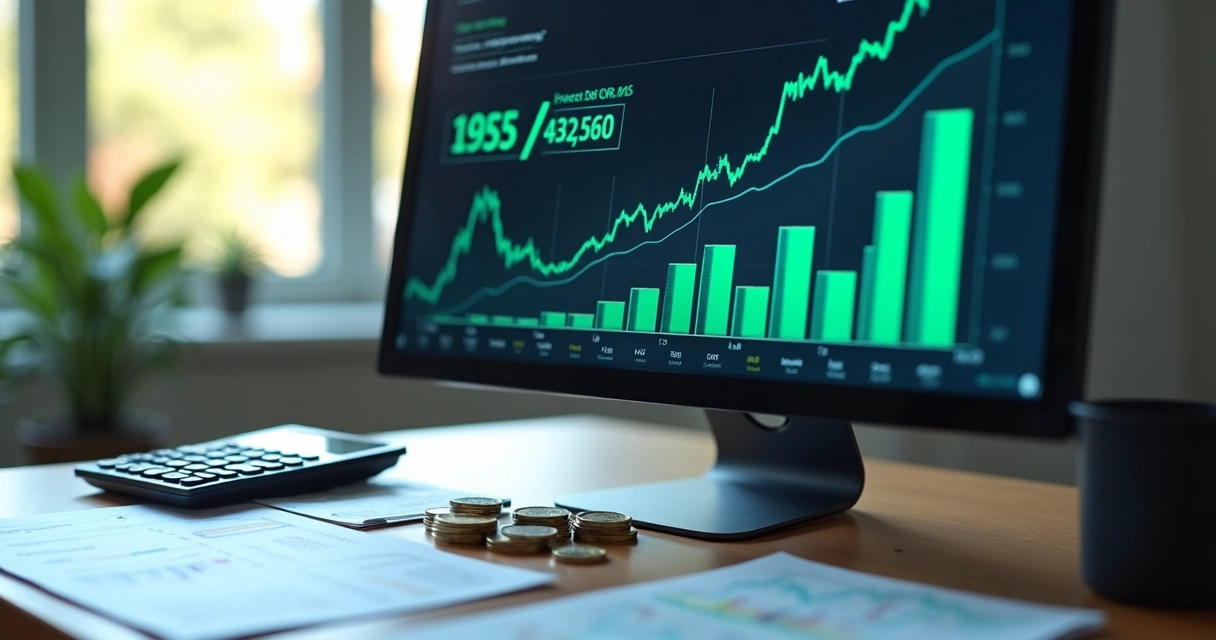 Mesa com gráfico financeiro em alta, moedas, calculadora e computador mostrando dados de investimento 