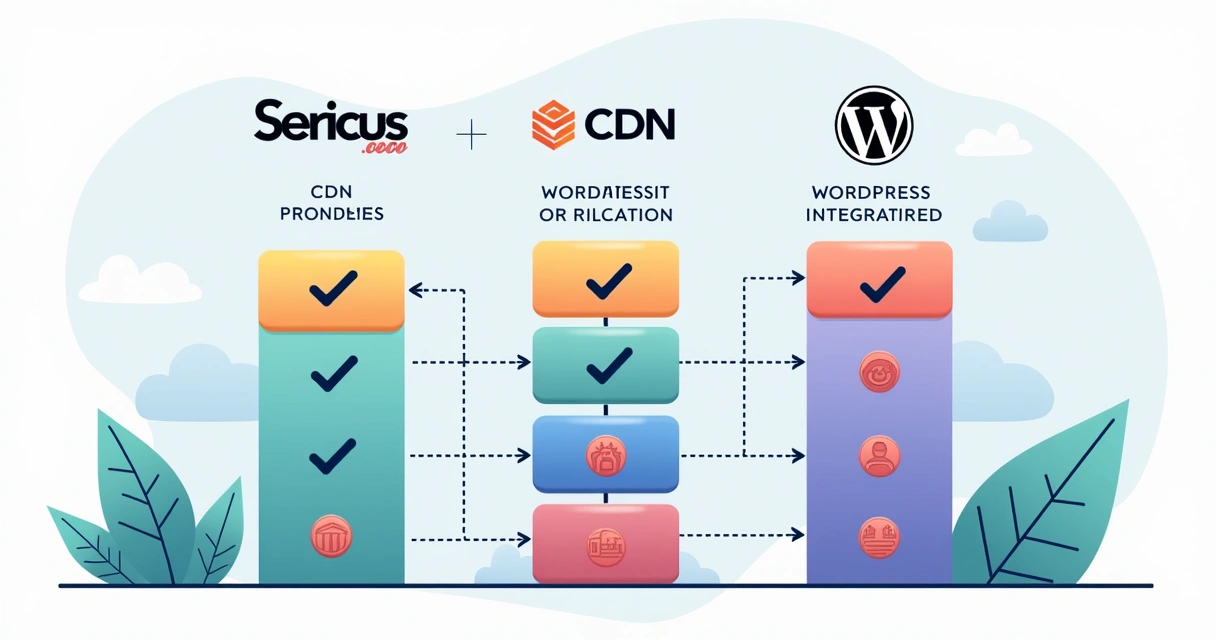 Comparison chart of CDN providers, showing icons and key features for WordPress. 