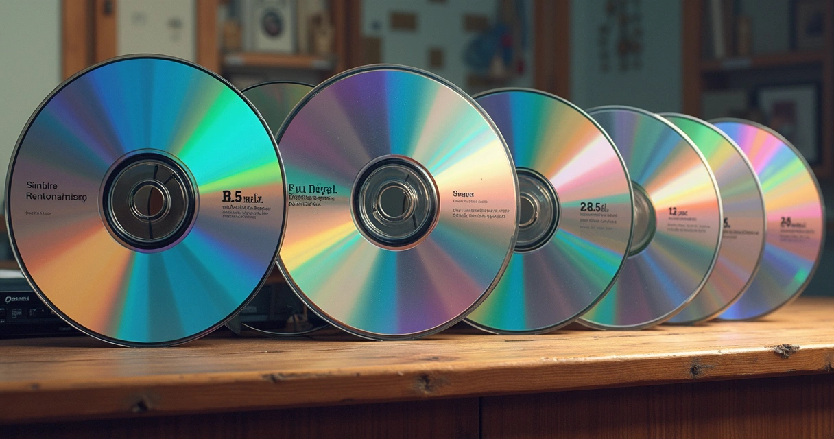 Vários CDs e DVDs lado a lado, mostrando diferentes padrões físicos de formatos 