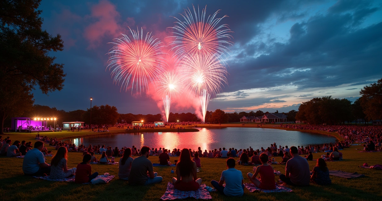 Spectacular fireworks in Cedar Park over a crowd at Milburn Park. 