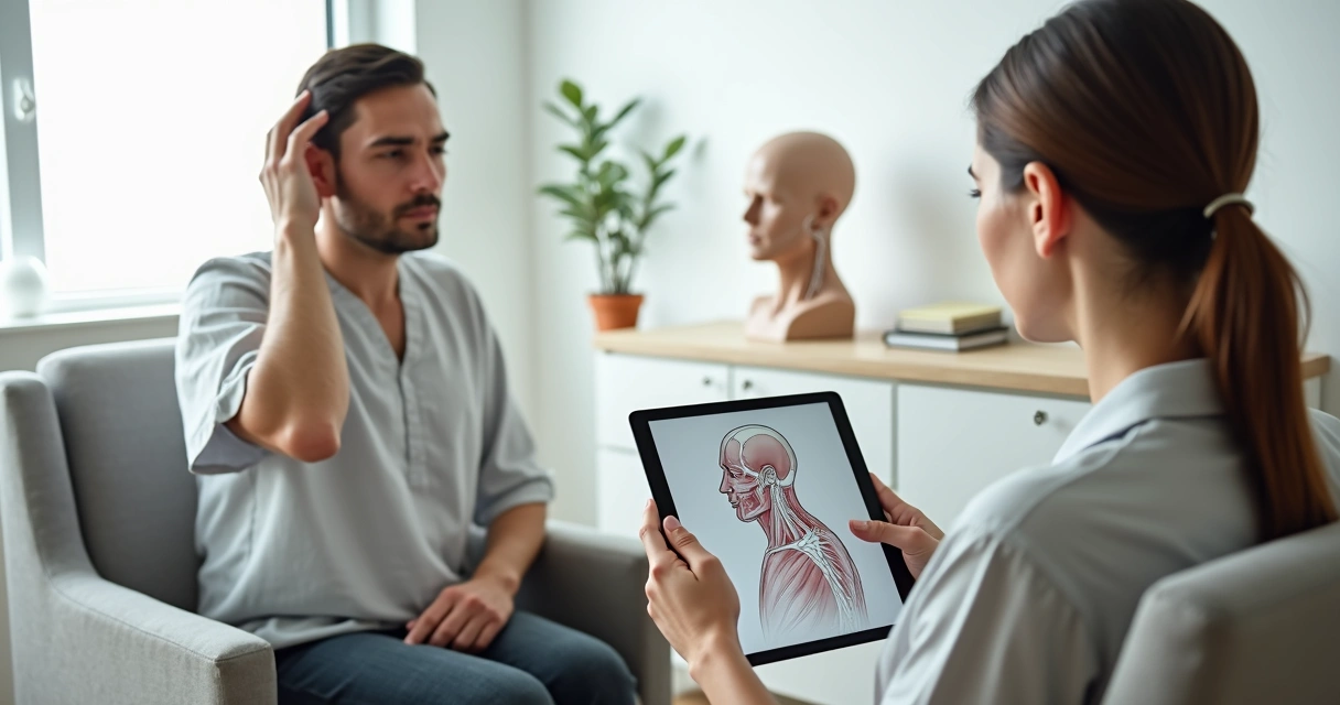 Profissional de acupuntura mostra ilustração de cefaleia tensional em tablet para paciente sentado 