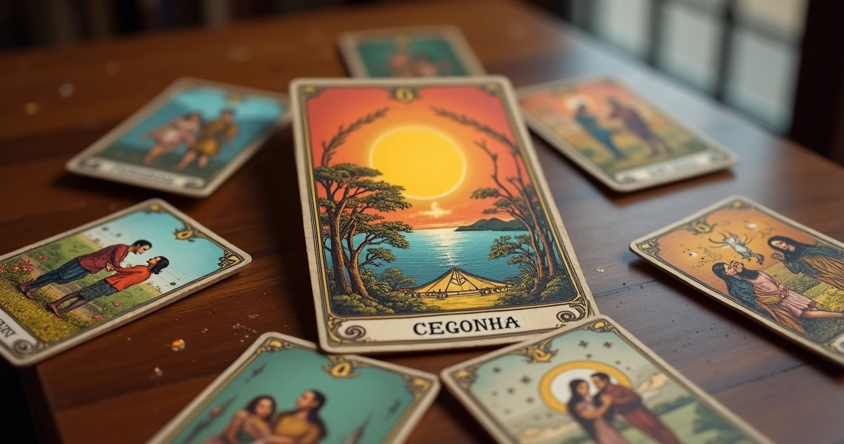 Cartas de Baralho Cigano Cegonha sobre uma mesa de madeira, próximas a cartas de casal e criança