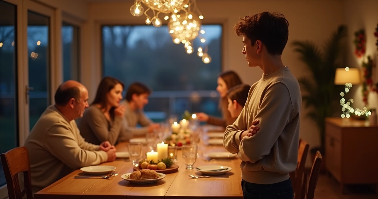 Pessoa em pé ao lado de mesa de ceia observando família discutindo ao fundo 